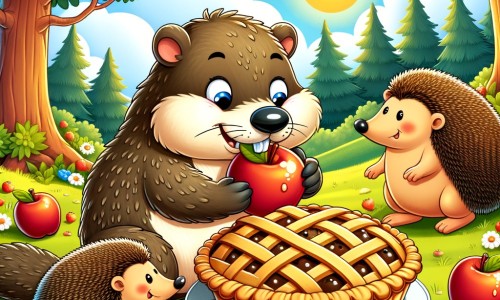 Une illustration destinée aux enfants représentant une marmotte espiègle, qui vole une délicieuse tarte aux pommes, accompagnée de hérissons sympathiques, dans une clairière ensoleillée et colorée de la forêt.