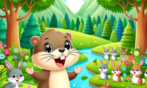 Une illustration destinée aux enfants représentant une joyeuse marmotte qui parle, accompagnée d'un groupe de lapins, dans une forêt luxuriante avec des arbres verdoyants, des fleurs colorées et une rivière scintillante.