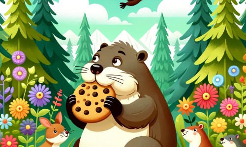 Une illustration destinée aux enfants représentant une marmotte gourmande et insouciante qui adore les biscuits, accompagnée de ses amis animaux, dans une forêt luxuriante parsemée de fleurs colorées et de grands arbres majestueux.