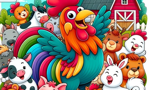 Une illustration destinée aux enfants représentant un coq flamboyant, entouré d'animaux souriants, dans une ferme colorée et animée, où ils vivent des aventures amusantes.
