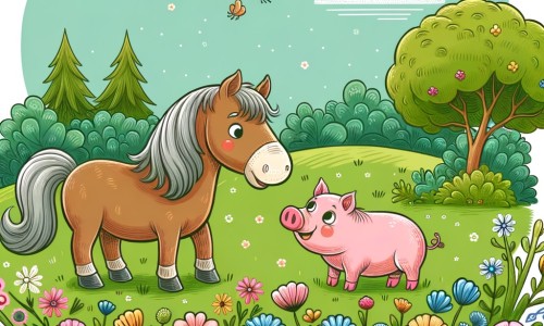 Une illustration destinée aux enfants représentant un cheval malicieux et espiègle, accompagné d'un adorable cochon rose, dans une prairie verdoyante parsemée de fleurs multicolores, où ils vivent des aventures hilarantes et inattendues.