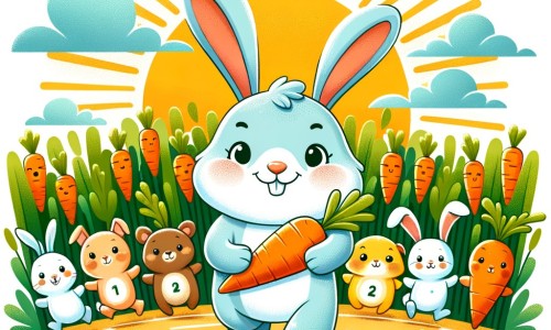 Une illustration destinée aux enfants représentant un joyeux lapin, prêt à participer à une course de lapins, accompagné de ses amis animaux, dans un champ de carottes coloré et ensoleillé.