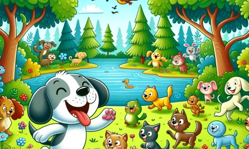 Une illustration destinée aux enfants représentant un chien malicieux et bavard vivant des aventures amusantes avec ses amis animaux, dans un parc animé par des arbres verdoyants, des fleurs colorées et un lac scintillant en arrière-plan.