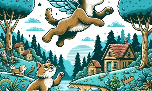 Une illustration destinée aux enfants représentant un chien rêveur, tentant de voler avec des ailes en plastique, accompagné d'un chat malicieux et se déroulant dans un village caché au cœur d'une forêt verdoyante.