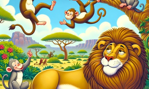 Une illustration destinée aux enfants représentant un lion majestueux, paresseux et fier, qui se retrouve embarqué dans une compétition d'acrobaties amusante avec des singes espiègles, au cœur d'une savane africaine luxuriante, avec des arbres immenses et une végétation colorée.