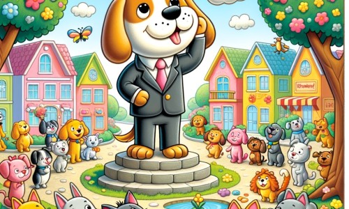 Une illustration pour enfants représentant un chien qui rêve de devenir maire dans une petite ville peuplée d'animaux.
