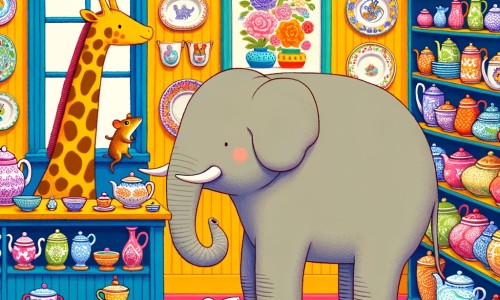 Une illustration pour enfants représentant un éléphant curieux qui entre dans une boutique de porcelaine et casse malencontreusement des assiettes fragiles, dans une ville animée.