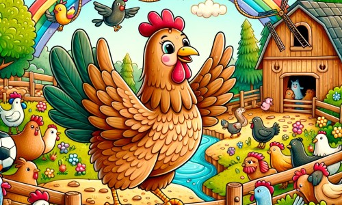 Une illustration destinée aux enfants représentant une poule intrépide se lançant dans une aventure pleine de rebondissements avec ses amis animaux, dans une ferme colorée et animée par le joyeux brouhaha des animaux de la basse-cour.