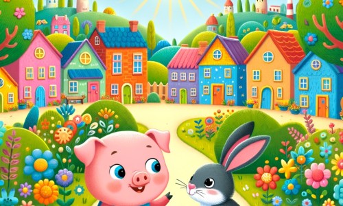 Une illustration destinée aux enfants représentant un petit cochon curieux qui rencontre un lapin malicieux dans un village coloré rempli de bâtiments multicolores, de fleurs éclatantes et d'animaux qui parlent et vivent comme des humains.
