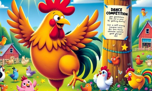 Une illustration pour enfants représentant une poule passionnée de danse qui vit dans une petite ferme et qui découvre un concours de danse.