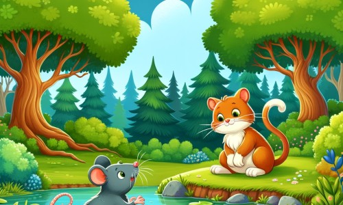 Une illustration destinée aux enfants représentant un petit rat malicieux, qui aime jouer des tours, se retrouvant piégé par un chat rusé dans un parc verdoyant avec des arbres majestueux et un étang scintillant.