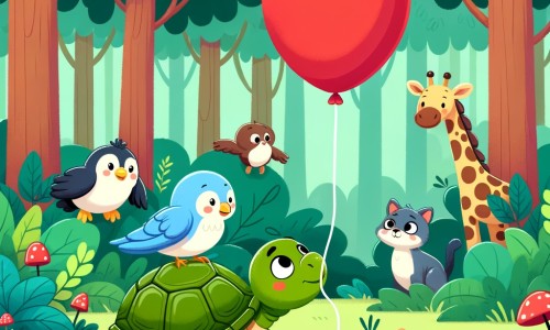 Une illustration destinée aux enfants représentant une tortue curieuse découvrant un ballon rouge vif dans une forêt luxuriante, avec ses amis animaux intrigués par cette nouveauté.