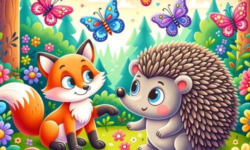 Une illustration destinée aux enfants représentant un adorable hérisson dans une forêt enchantée, rencontrant un renard malicieux, tandis que des papillons multicolores virevoltent autour d'eux, créant une ambiance joyeuse et pleine de surprises.