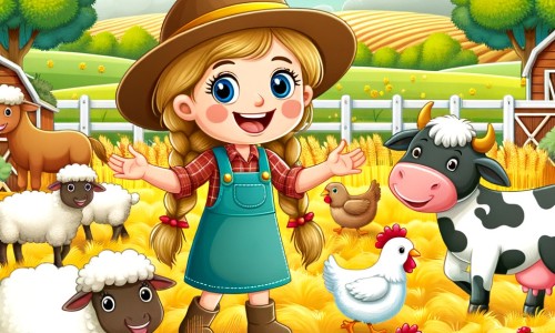 Une illustration destinée aux enfants représentant une agricultrice souriante, entourée de champs de blé doré, de moutons sautillants, de vaches paisibles et de poules colorées, dans une petite ferme pittoresque située au cœur d'une vallée verdoyante.