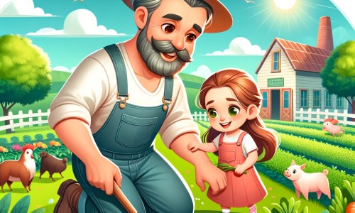 Une illustration destinée aux enfants représentant un homme passionné et robuste travaillant dur dans ses champs, accompagné de sa petite-fille curieuse, dans une ferme pittoresque entourée de vastes champs verts, d'animaux joyeux et d'un ciel bleu lumineux.