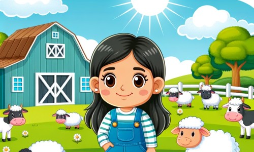 Une illustration destinée aux enfants représentant une femme souriante, vêtue d'une salopette bleue, debout dans un champ verdoyant entouré de vaches et de moutons, dans une ferme pittoresque avec une grange en bois et un soleil brillant dans le ciel bleu.