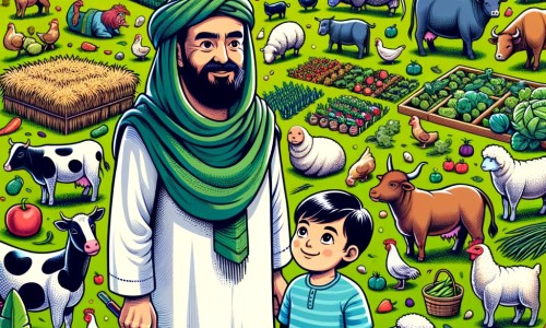 Une illustration pour enfants représentant un homme agriculteur qui travaille dur sur sa ferme pleine d'animaux et de champs verdoyants.