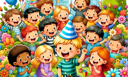 Une illustration destinée aux enfants représentant un petit garçon plein d'enthousiasme, entouré de ses amis, dans un jardin coloré et fleuri, lors d'une fête d'anniversaire remplie de jeux, de rires et de surprises.