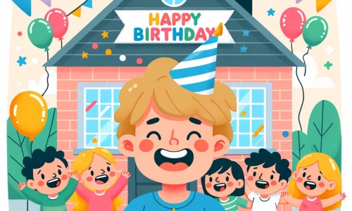 Une illustration destinée aux enfants représentant un petit garçon plein d'excitation lors de son anniversaire, entouré de ses amis et de sa famille, dans une maison colorée et joyeusement décorée.