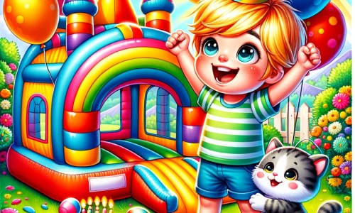 Une illustration destinée aux enfants représentant un petit garçon plein d'excitation le jour de son anniversaire, entouré de ballons colorés et d'un château gonflable, avec un adorable chaton en peluche comme personnage secondaire, dans un jardin ensoleillé rempli de fleurs et d'herbe verte.