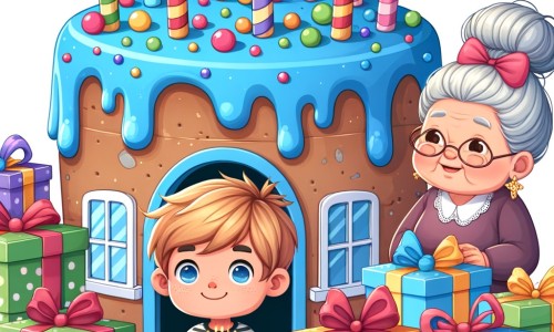 Une illustration destinée aux enfants représentant un petit garçon souriant, entouré de cadeaux colorés, avec sa grand-mère mystérieuse, dans une maison en forme de gâteau, pour célébrer son anniversaire.