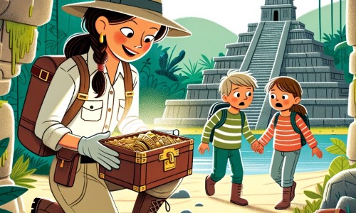 Une illustration destinée aux enfants représentant une archéologue passionnée, en tenue de fouille, découvrant un mystérieux trésor aux côtés de deux enfants curieux, dans les ruines d'un ancien temple caché au cœur de la jungle dense du Pérou.