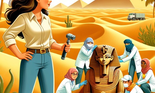 Une illustration pour enfants représentant une archéologue passionnée en plein désert découvrant une statue mystérieuse, qui va l'emmener dans une aventure incroyable à la recherche d'un trésor perdu.