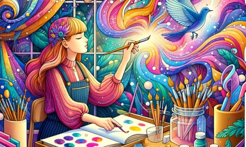 Une illustration destinée aux enfants représentant une artiste féminine, plongée dans un univers coloré et fantastique, accompagnée d'un pinceau magique, se déroulant dans un atelier rempli de couleurs éclatantes et d'outils artistiques.