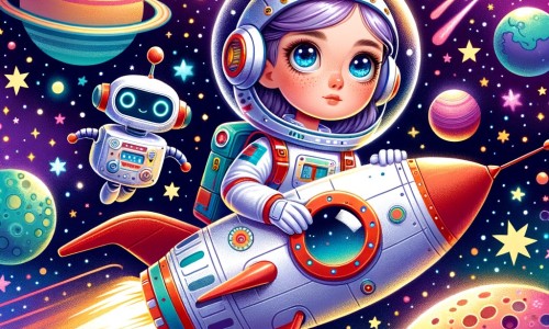 Une illustration destinée aux enfants représentant une jeune femme astronaute, pleine d'étoiles dans les yeux, s'envolant vers l'infini aux côtés de son fidèle robot compagnon, dans un vaisseau spatial coloré, entouré de planètes scintillantes et d'une voie lactée chatoyante.