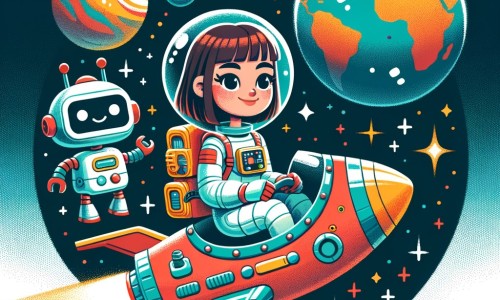 Une illustration destinée aux enfants représentant une astronaute intrépide, accompagnée de son fidèle robot, explorant les mystères de l'espace dans une navette spatiale colorée, avec la Terre brillant en arrière-plan.
