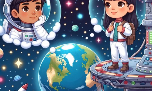 Une illustration destinée aux enfants représentant un jeune homme rêvant de devenir astronaute, accompagné d'une camarade de classe, sur une station spatiale futuriste en orbite autour de la Terre, avec la Terre en dessous d'eux, brillant de mille couleurs et entourée d'étoiles scintillantes.