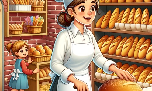 Une illustration pour enfants représentant une boulangère passionnée dans sa boulangerie pittoresque, où elle rend la magie du pain vivante.