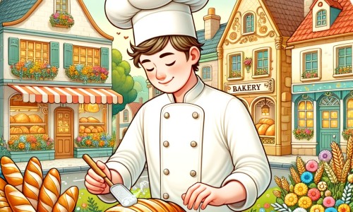 Une illustration pour enfants représentant un boulanger passionné qui ouvre sa propre boulangerie dans une petite ville pittoresque.