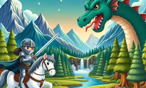 Une illustration pour enfants représentant une chevalière courageuse qui part en quête d'un trésor mystérieux dans un royaume lointain.