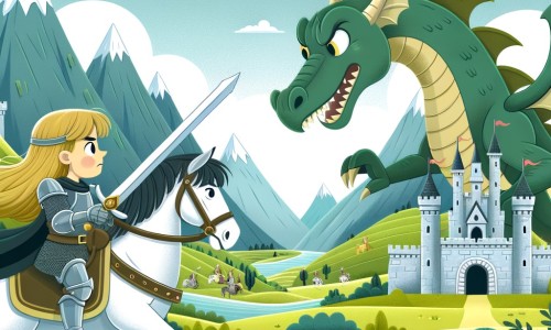 Une illustration destinée aux enfants représentant une chevalière courageuse, prête à affronter un dragon redoutable, avec l'aide de son fidèle destrier, dans un royaume médiéval rempli de châteaux en pierre, de vastes prairies verdoyantes et de montagnes majestueuses.
