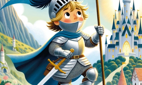 Une illustration pour enfants représentant un courageux chevalier se lançant dans une quête épique à travers un royaume lointain et enchanté.