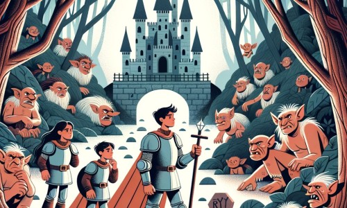 Une illustration pour enfants représentant un chevalier courageux partant à la recherche d'un objet magique perdu dans une forêt interdite et dangereuse.