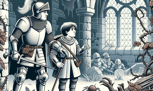 Une illustration destinée aux enfants représentant un chevalier intrépide, plongé dans une quête périlleuse pour trouver un artefact magique, accompagné de son fidèle écuyer, dans un château abandonné envahi par les ronces et les toiles d'araignées.