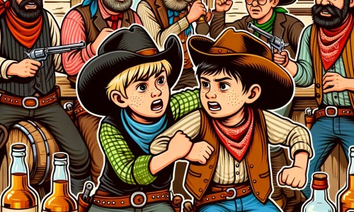 Une illustration destinée aux enfants représentant un jeune cow-boy courageux, confronté à une bagarre dans un saloon animé de l'Ouest américain, avec une cow-girl en détresse, entouré de cow-boys turbulents et de bouteilles de whisky.