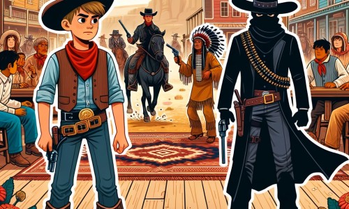 Une illustration destinée aux enfants représentant un jeune cow-boy courageux, évoluant dans un saloon bruyant au cœur de l'Ouest américain, accompagné d'un mystérieux hors-la-loi vêtu de noir, affrontant des Indiens dans les vastes plaines.
