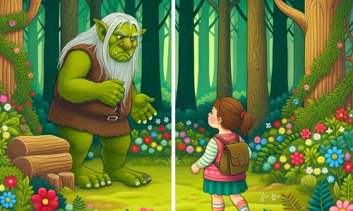 Une illustration destinée aux enfants représentant un ogre gentil et solitaire, faisant la rencontre d'une petite fille curieuse dans une forêt enchantée remplie de fleurs colorées et d'arbres majestueux.