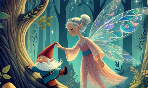 Une illustration destinée aux enfants représentant une fée aux ailes chatoyantes, se trouvant dans une forêt enchantée, où elle vient en aide à un petit lutin coincé dans un arbre.