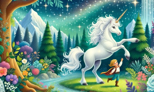 Une illustration pour enfants représentant une licorne majestueuse, plongée dans une quête périlleuse pour sauver le monde magique, au cœur d'une forêt enchantée.