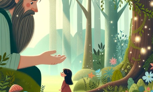 Une illustration destinée aux enfants représentant un géant bienveillant et solitaire découvrant un monde magique enchanté en explorant une forêt dense et verdoyante, où il rencontre une petite fille curieuse et aventureuse.