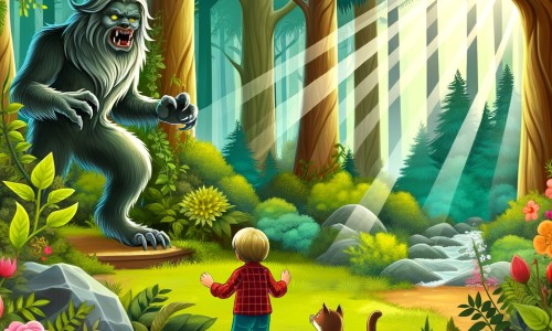 Une illustration pour enfants représentant une créature fantastique effrayante qui vit seule dans une forêt dense, jusqu'à ce qu'elle rencontre un petit garçon courageux et ensemble, ils partent à la recherche d'un chat disparu.