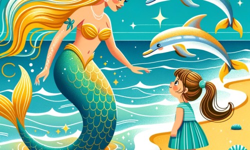 Une illustration destinée aux enfants représentant une magnifique sirène solitaire qui rencontre une petite fille curieuse sur une plage de sable doré, entourée de vagues scintillantes et de dauphins joueurs.