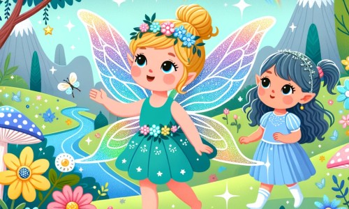Une illustration destinée aux enfants représentant une fée aux ailes scintillantes, accompagnée d'une petite fille curieuse, explorant un royaume enchanté rempli de fleurs multicolores, de rivières étincelantes et d'arbres majestueux.