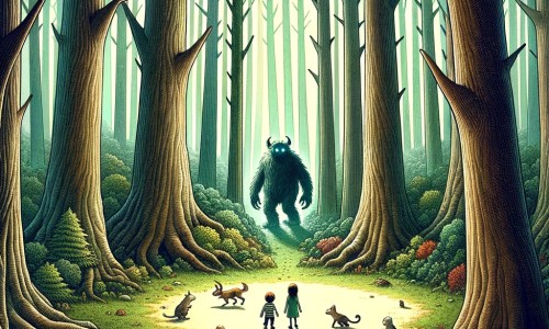 Une illustration destinée aux enfants représentant un monstre solitaire au cœur d'une forêt dense et mystérieuse, découvrant une clairière où se trouvent deux enfants perdus, entourée d'arbres majestueux et habitées par une multitude d'animaux curieux.