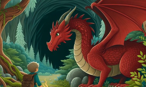 Une illustration destinée aux enfants représentant un majestueux dragon rouge, perdu dans une forêt enchantée, avec pour seule compagnie un jeune garçon intrépide, explorant ensemble une grotte mystérieuse cachée derrière un buisson épais.