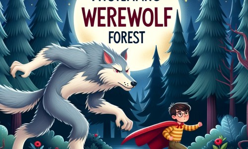 Une illustration pour enfants représentant un loup-garou amical qui a besoin de l'aide d'un petit garçon pour sauver la Forêt des Loups-Garous, qui se trouve dans une grande forêt mystérieuse.